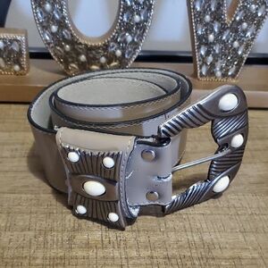 Vintage Karen Kane Western Boho Leather Belt Large Unique Silver Buckle Sz S